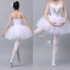 Women Adult Swan Ballet Dance Dress Spaghetti Strap Tutu Dress Sleeveless Sequined Flower Costumes, White